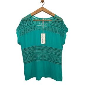 Miilla Women’s Spring Summer Green Cotton Crochet Top Blouse Tunic Small